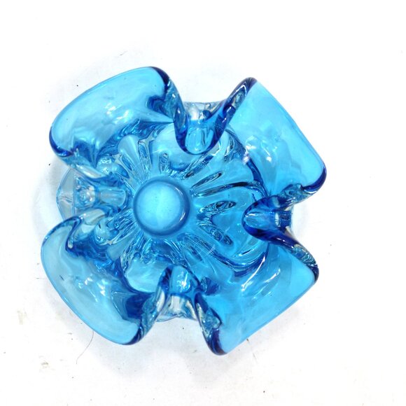 MCM Art Glass Blue Hand Blown Curly Wavy Top Bowl/Votive Candle Holder 3 1/2"t - Picture 3 of 5